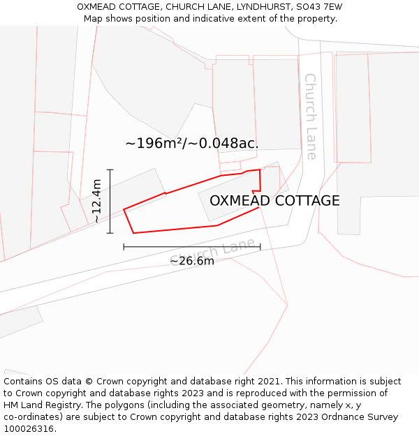 OXMEAD COTTAGE, CHURCH LANE, LYNDHURST, SO43 7EW: Plot and title map