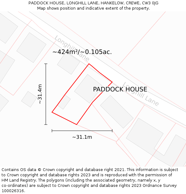 PADDOCK HOUSE, LONGHILL LANE, HANKELOW, CREWE, CW3 0JG: Plot and title map