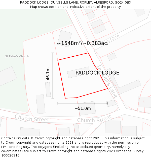 PADDOCK LODGE, DUNSELLS LANE, ROPLEY, ALRESFORD, SO24 0BX: Plot and title map