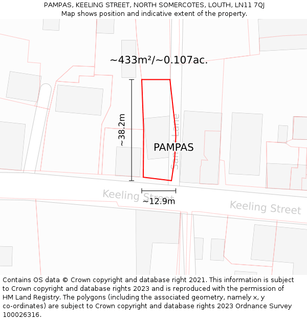 PAMPAS, KEELING STREET, NORTH SOMERCOTES, LOUTH, LN11 7QJ: Plot and title map