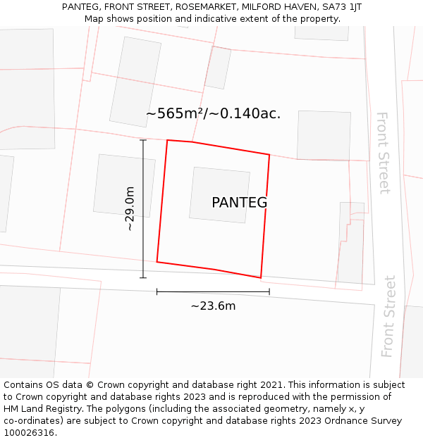 PANTEG, FRONT STREET, ROSEMARKET, MILFORD HAVEN, SA73 1JT: Plot and title map