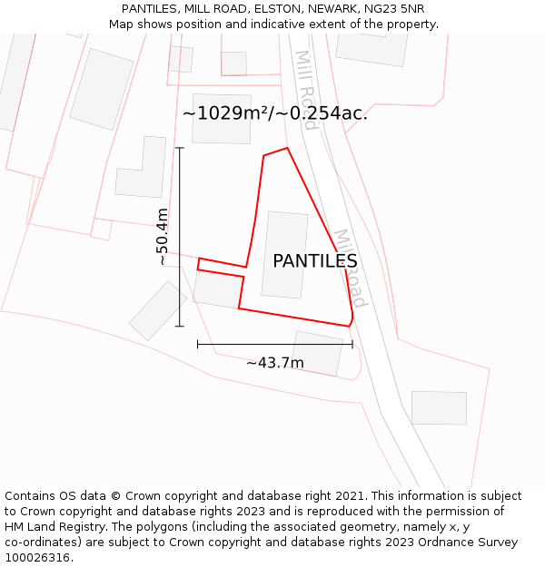 PANTILES, MILL ROAD, ELSTON, NEWARK, NG23 5NR: Plot and title map