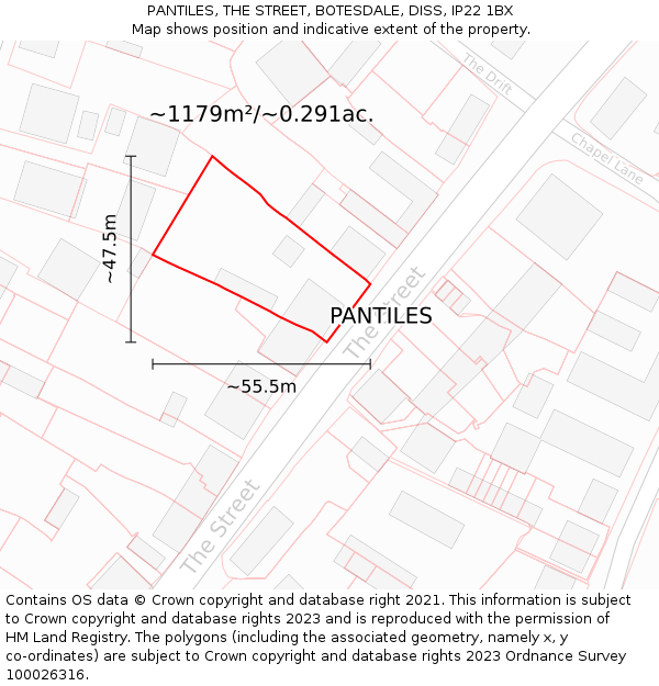 PANTILES, THE STREET, BOTESDALE, DISS, IP22 1BX: Plot and title map