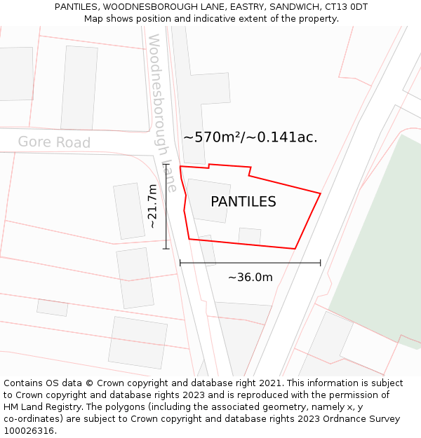 PANTILES, WOODNESBOROUGH LANE, EASTRY, SANDWICH, CT13 0DT: Plot and title map