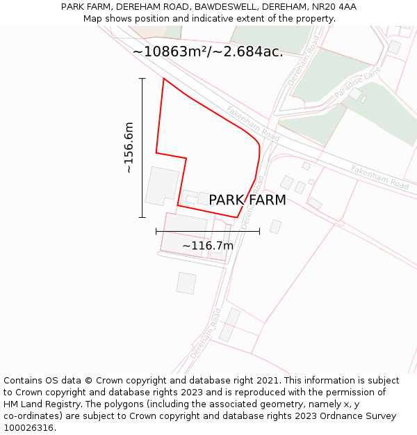 PARK FARM, DEREHAM ROAD, BAWDESWELL, DEREHAM, NR20 4AA: Plot and title map