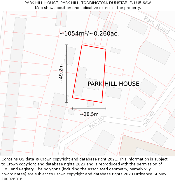 PARK HILL HOUSE, PARK HILL, TODDINGTON, DUNSTABLE, LU5 6AW: Plot and title map