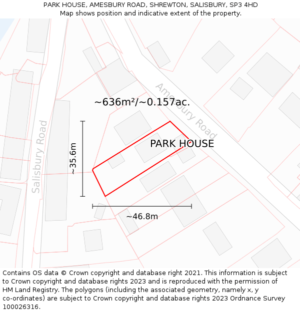 PARK HOUSE, AMESBURY ROAD, SHREWTON, SALISBURY, SP3 4HD: Plot and title map