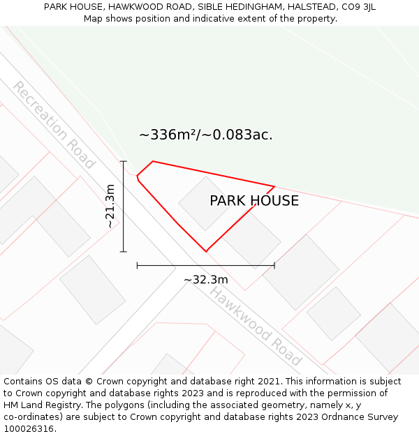 PARK HOUSE, HAWKWOOD ROAD, SIBLE HEDINGHAM, HALSTEAD, CO9 3JL: Plot and title map