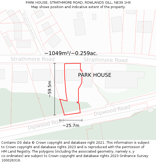 PARK HOUSE, STRATHMORE ROAD, ROWLANDS GILL, NE39 1HX: Plot and title map