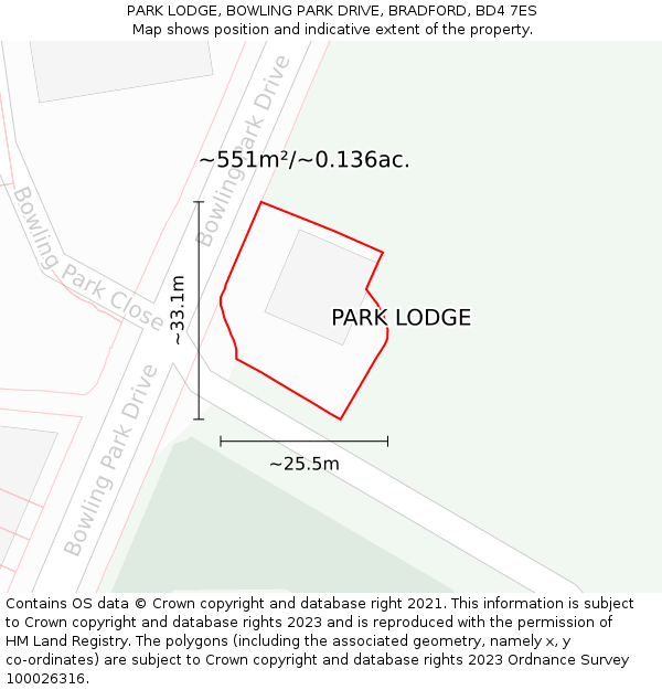 PARK LODGE, BOWLING PARK DRIVE, BRADFORD, BD4 7ES: Plot and title map