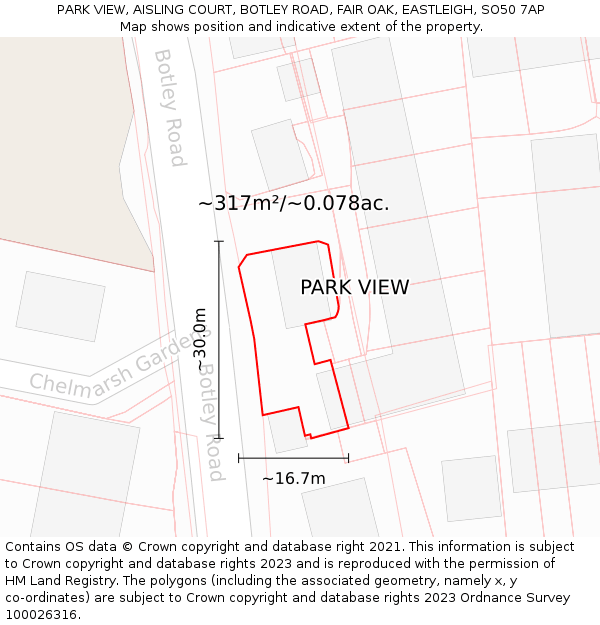 PARK VIEW, AISLING COURT, BOTLEY ROAD, FAIR OAK, EASTLEIGH, SO50 7AP: Plot and title map