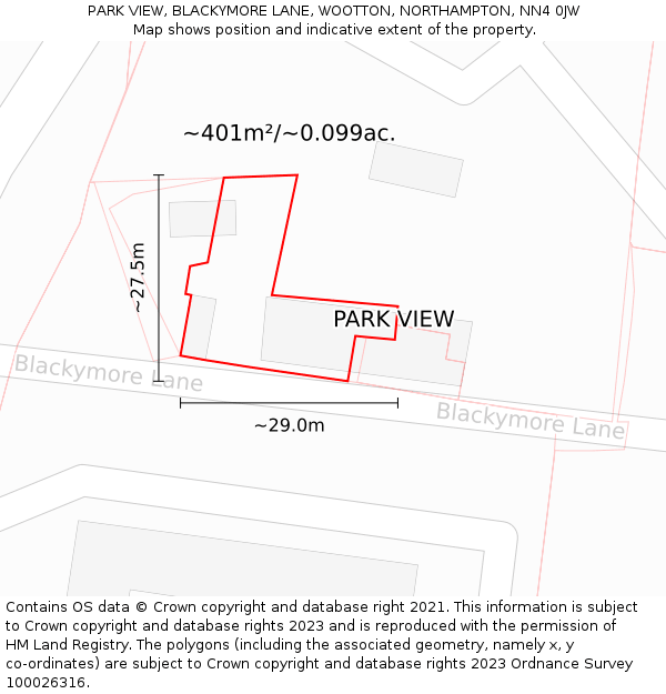 PARK VIEW, BLACKYMORE LANE, WOOTTON, NORTHAMPTON, NN4 0JW: Plot and title map