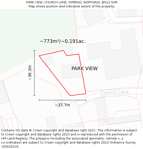 PARK VIEW, CHURCH LANE, FERRING, WORTHING, BN12 5HR: Plot and title map