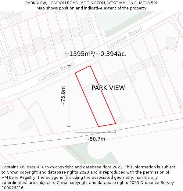 PARK VIEW, LONDON ROAD, ADDINGTON, WEST MALLING, ME19 5PL: Plot and title map