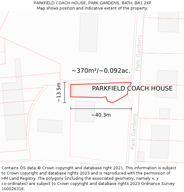 PARKFIELD COACH HOUSE, PARK GARDENS, BATH, BA1 2XP: Plot and title map