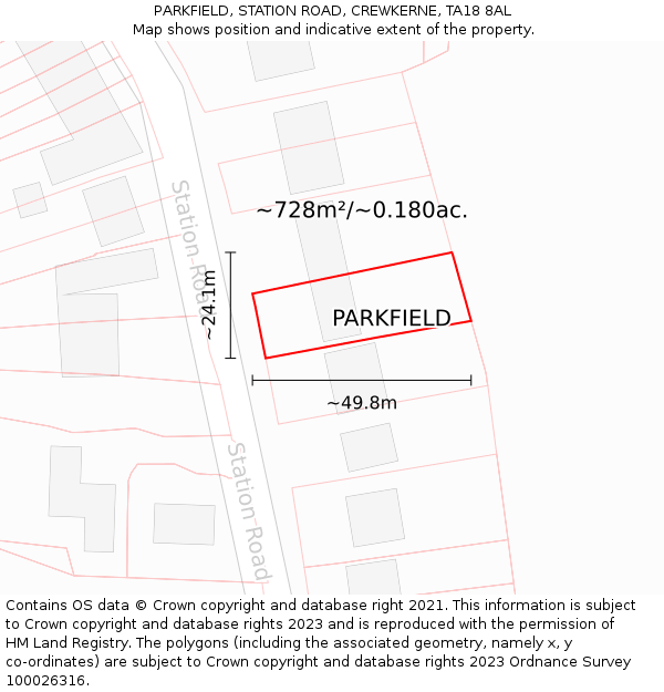 PARKFIELD, STATION ROAD, CREWKERNE, TA18 8AL: Plot and title map