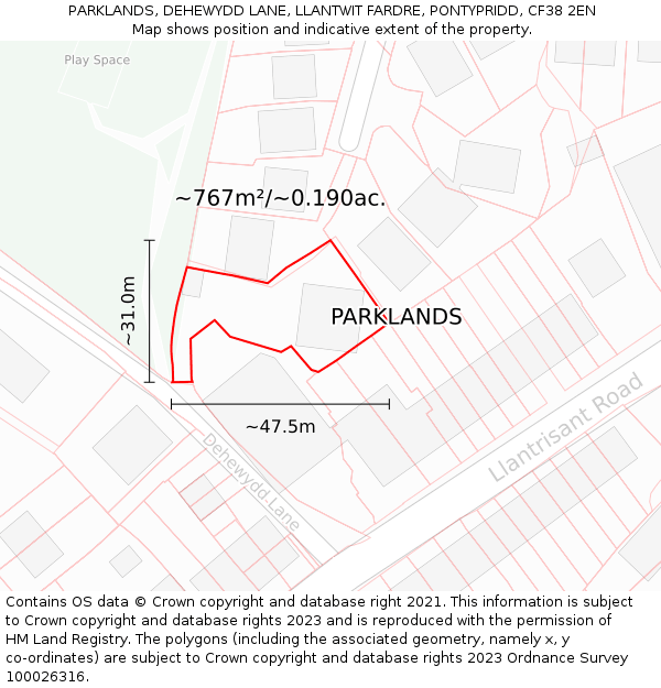 PARKLANDS, DEHEWYDD LANE, LLANTWIT FARDRE, PONTYPRIDD, CF38 2EN: Plot and title map