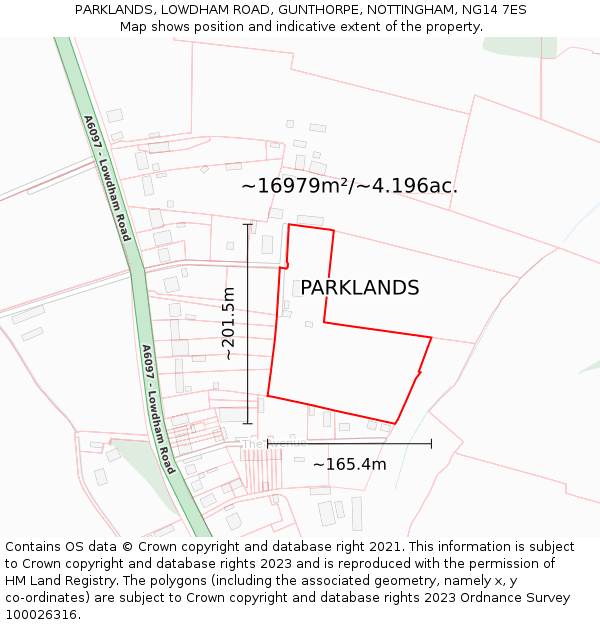 PARKLANDS, LOWDHAM ROAD, GUNTHORPE, NOTTINGHAM, NG14 7ES: Plot and title map