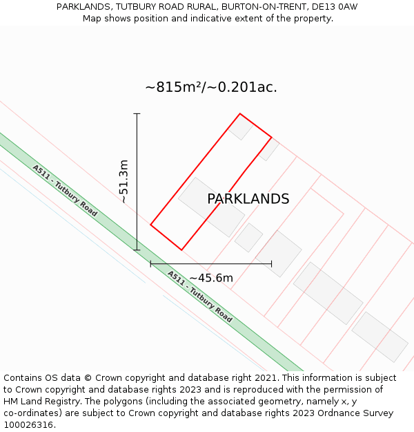 PARKLANDS, TUTBURY ROAD RURAL, BURTON-ON-TRENT, DE13 0AW: Plot and title map