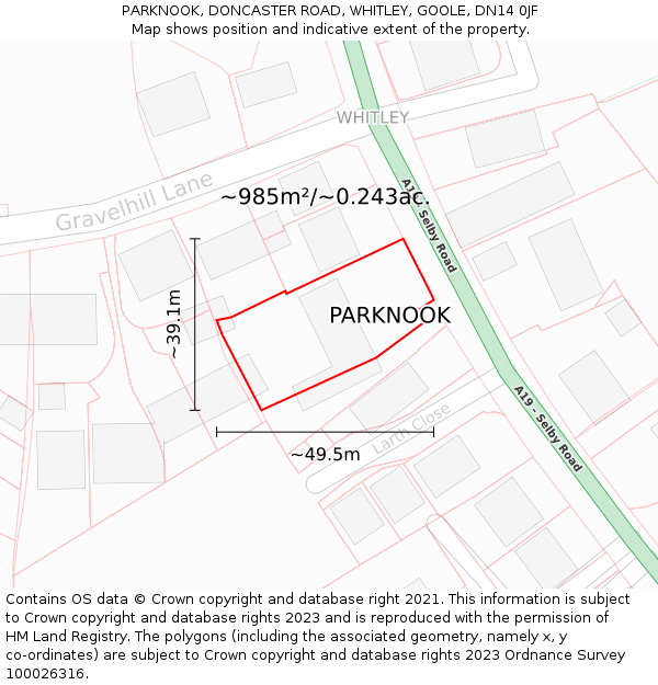 PARKNOOK, DONCASTER ROAD, WHITLEY, GOOLE, DN14 0JF: Plot and title map