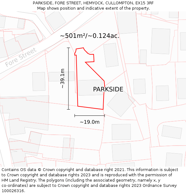 PARKSIDE, FORE STREET, HEMYOCK, CULLOMPTON, EX15 3RF: Plot and title map