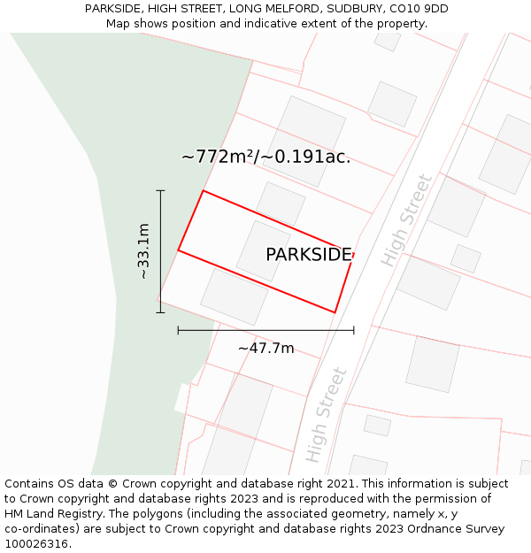 PARKSIDE, HIGH STREET, LONG MELFORD, SUDBURY, CO10 9DD: Plot and title map