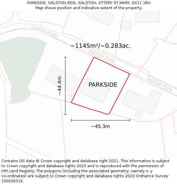 PARKSIDE, SALSTON RIDE, SALSTON, OTTERY ST MARY, EX11 1RH: Plot and title map