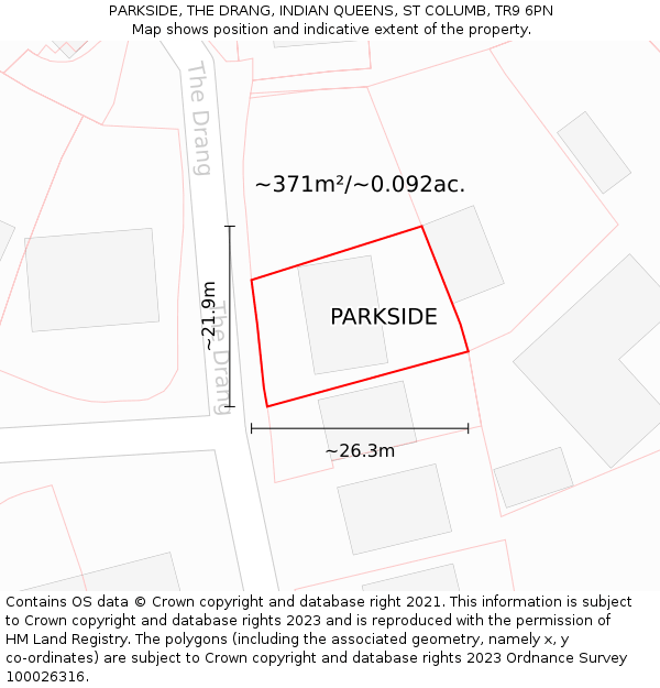 PARKSIDE, THE DRANG, INDIAN QUEENS, ST COLUMB, TR9 6PN: Plot and title map