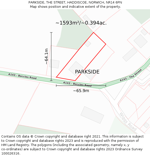 PARKSIDE, THE STREET, HADDISCOE, NORWICH, NR14 6PN: Plot and title map