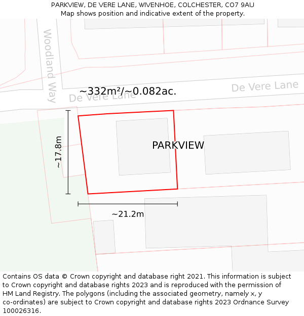 PARKVIEW, DE VERE LANE, WIVENHOE, COLCHESTER, CO7 9AU: Plot and title map