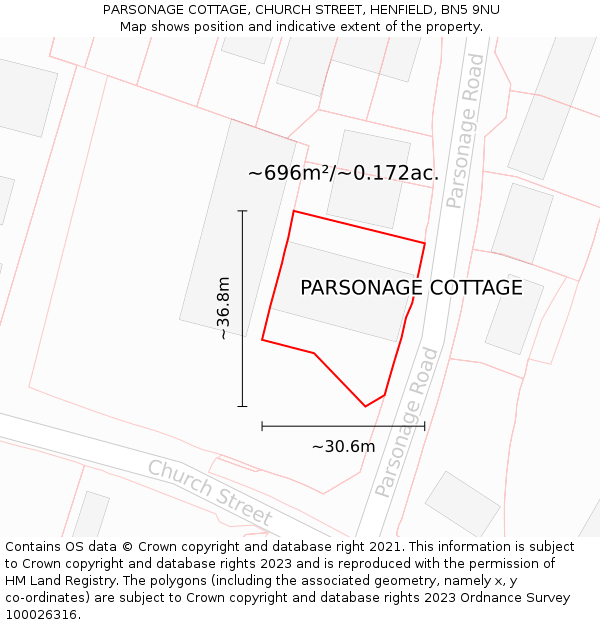 PARSONAGE COTTAGE, CHURCH STREET, HENFIELD, BN5 9NU: Plot and title map