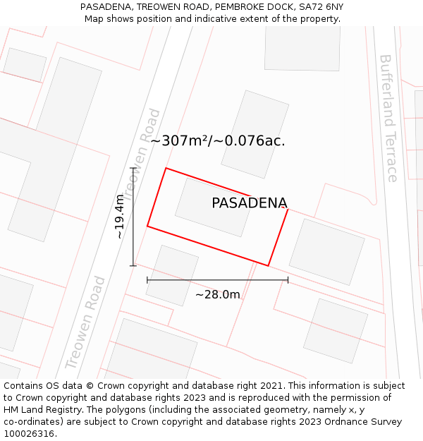 PASADENA, TREOWEN ROAD, PEMBROKE DOCK, SA72 6NY: Plot and title map