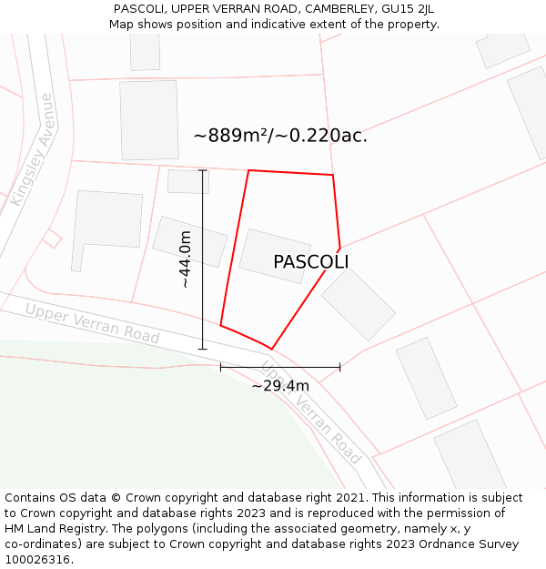 PASCOLI, UPPER VERRAN ROAD, CAMBERLEY, GU15 2JL: Plot and title map