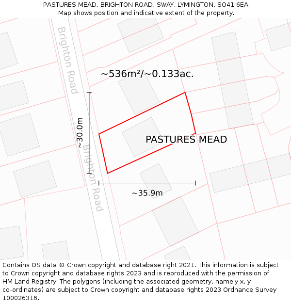 PASTURES MEAD, BRIGHTON ROAD, SWAY, LYMINGTON, SO41 6EA: Plot and title map