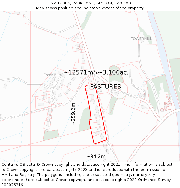 PASTURES, PARK LANE, ALSTON, CA9 3AB: Plot and title map