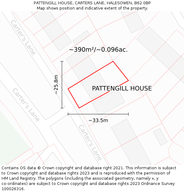 PATTENGILL HOUSE, CARTERS LANE, HALESOWEN, B62 0BP: Plot and title map