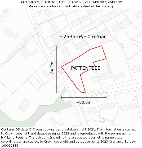 PATTENTEES, THE RIDGE, LITTLE BADDOW, CHELMSFORD, CM3 4NX: Plot and title map