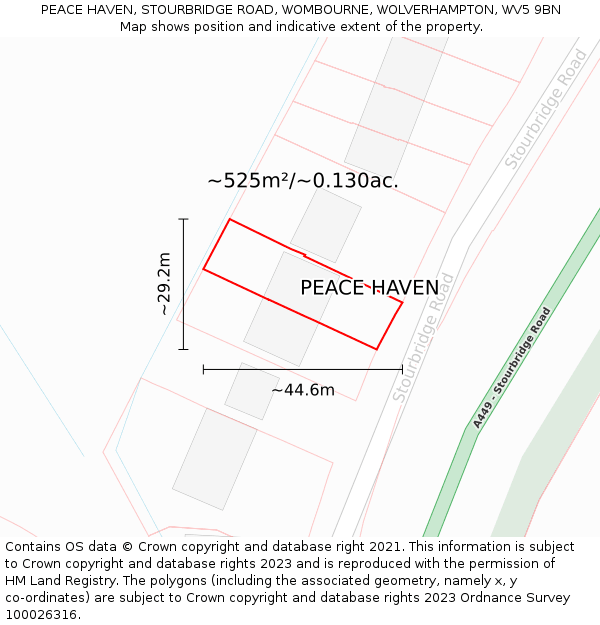 PEACE HAVEN, STOURBRIDGE ROAD, WOMBOURNE, WOLVERHAMPTON, WV5 9BN: Plot and title map