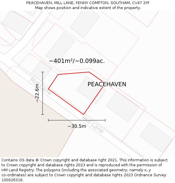 PEACEHAVEN, MILL LANE, FENNY COMPTON, SOUTHAM, CV47 2YF: Plot and title map