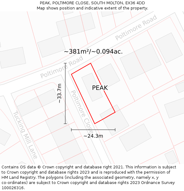 PEAK, POLTIMORE CLOSE, SOUTH MOLTON, EX36 4DD: Plot and title map