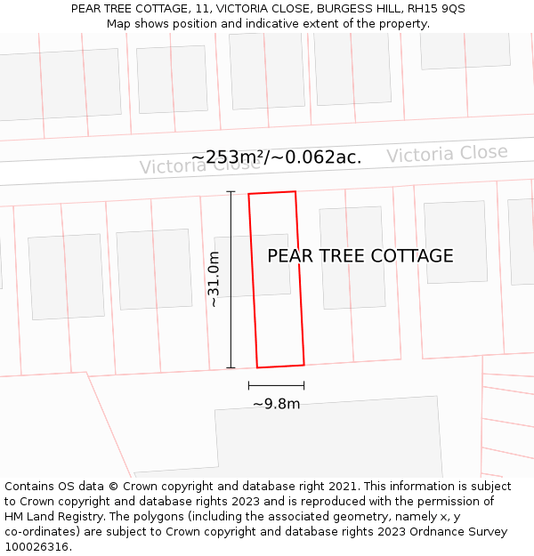 PEAR TREE COTTAGE, 11, VICTORIA CLOSE, BURGESS HILL, RH15 9QS: Plot and title map