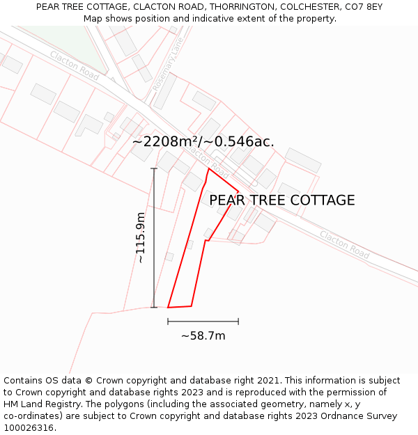 PEAR TREE COTTAGE, CLACTON ROAD, THORRINGTON, COLCHESTER, CO7 8EY: Plot and title map