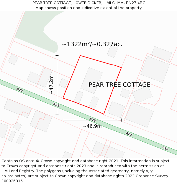 PEAR TREE COTTAGE, LOWER DICKER, HAILSHAM, BN27 4BG: Plot and title map