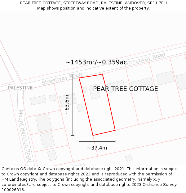 PEAR TREE COTTAGE, STREETWAY ROAD, PALESTINE, ANDOVER, SP11 7EH: Plot and title map