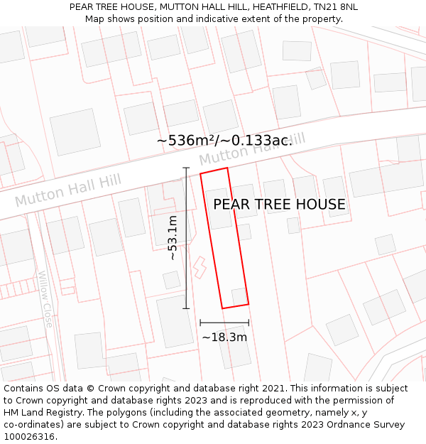 PEAR TREE HOUSE, MUTTON HALL HILL, HEATHFIELD, TN21 8NL: Plot and title map