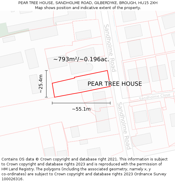 PEAR TREE HOUSE, SANDHOLME ROAD, GILBERDYKE, BROUGH, HU15 2XH: Plot and title map