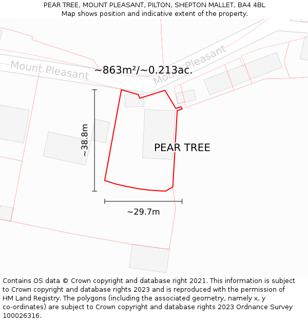 PEAR TREE, MOUNT PLEASANT, PILTON, SHEPTON MALLET, BA4 4BL: Plot and title map