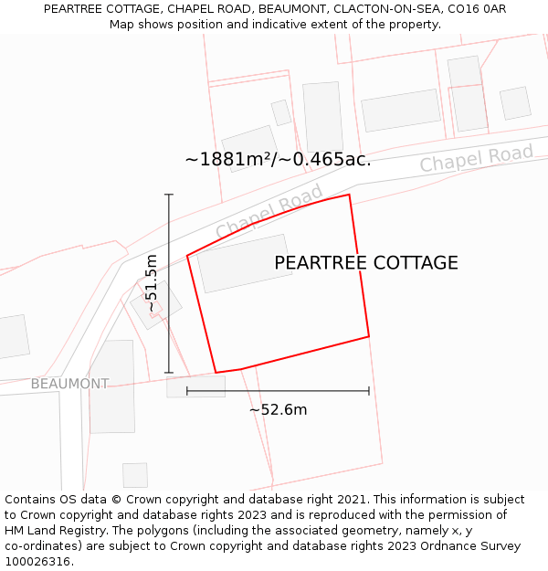 PEARTREE COTTAGE, CHAPEL ROAD, BEAUMONT, CLACTON-ON-SEA, CO16 0AR: Plot and title map