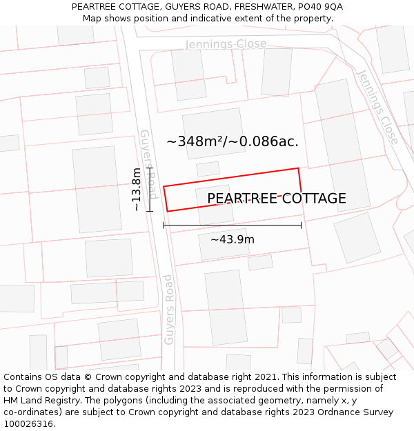 PEARTREE COTTAGE, GUYERS ROAD, FRESHWATER, PO40 9QA: Plot and title map