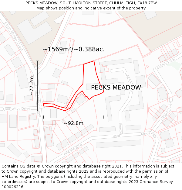 PECKS MEADOW, SOUTH MOLTON STREET, CHULMLEIGH, EX18 7BW: Plot and title map